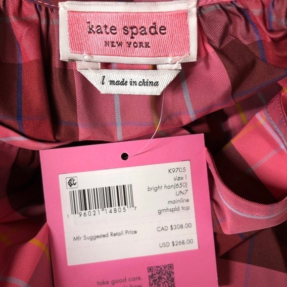 Kate Spade Greenhouse Plaid Top Long Sleeve Pink Red NWT Size Large - Picture 9 of 13